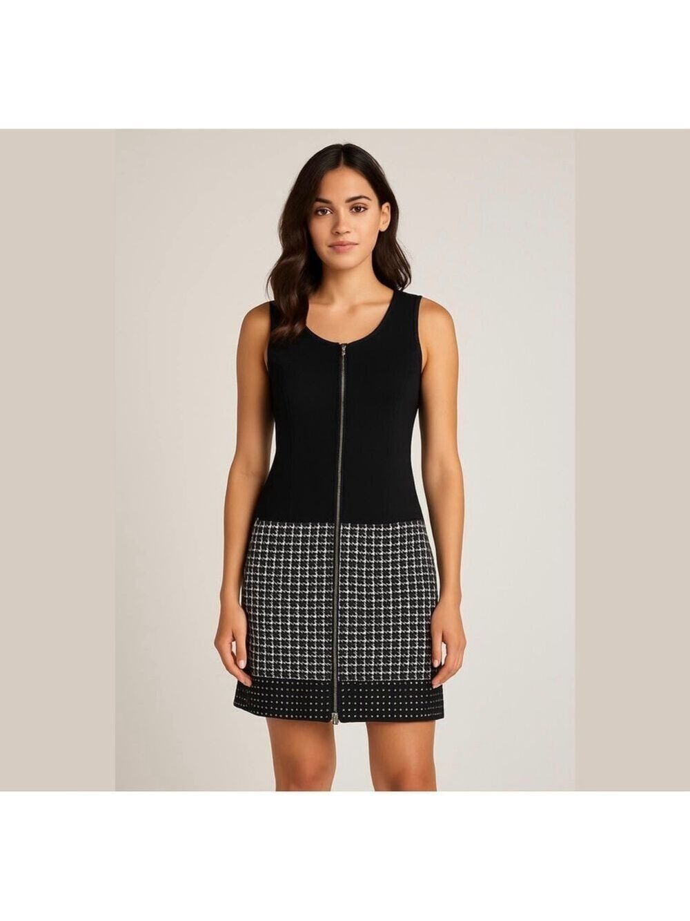 Laundry BY SHELLI SEGAL - Front Zip Black & White Tweed Mix Media Dress Sz 6
